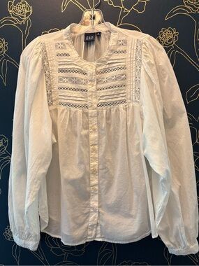 GAP cotton WHITE long full sleeve LACE FRONT blouse BUTTON FRONT top MEDIUM